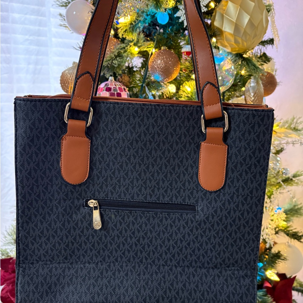 Michael Kors Navy Monogram Tote with Brown Leather Straps - Picture 2 of 4